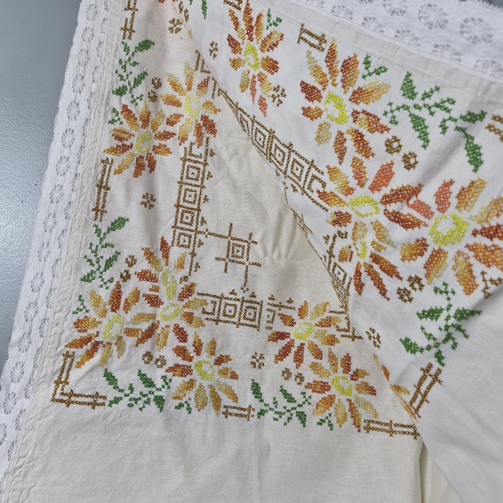Vintage 1970s Hand-Embroidered Cross Stitch Linen Tablecloth – Lace Trim LARGE